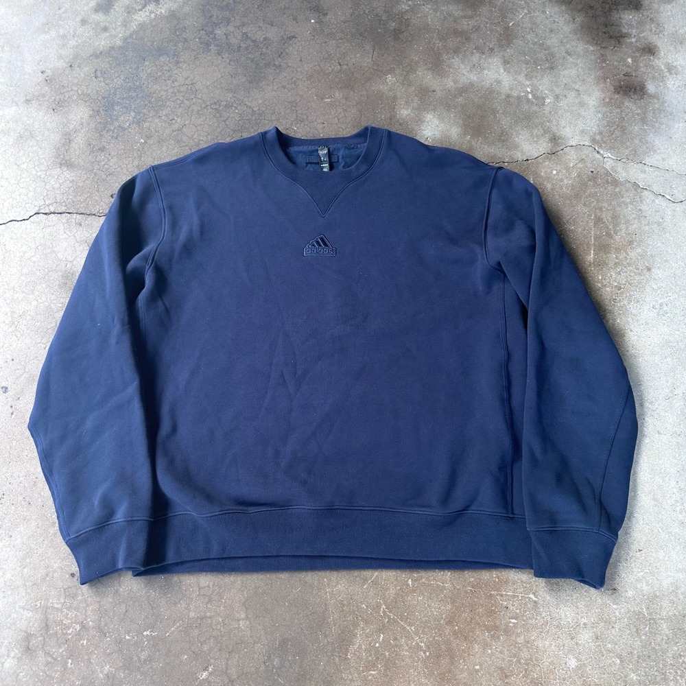 Adidas Crewneck Sweatshirt Mens Large Navy Blue Good Embroidered Logo Fleece
